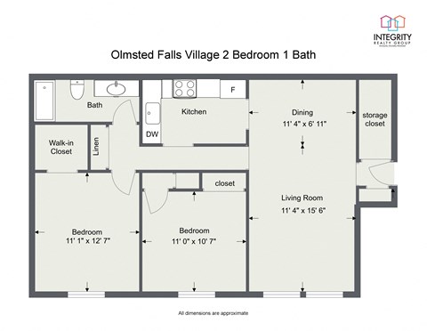 2 Bedroom 1 Bath 1000 Sq. Ft Floor Plan at Integrity Berea Apartments, Integrity Realty LLC, Berea, OH, 44017